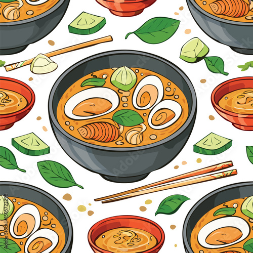 Miso Soup Vector Illustration with Seamless Pattern Design