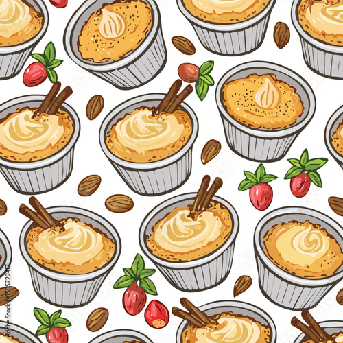 Crème Brûlée Vector Illustration with Seamless Pattern Design