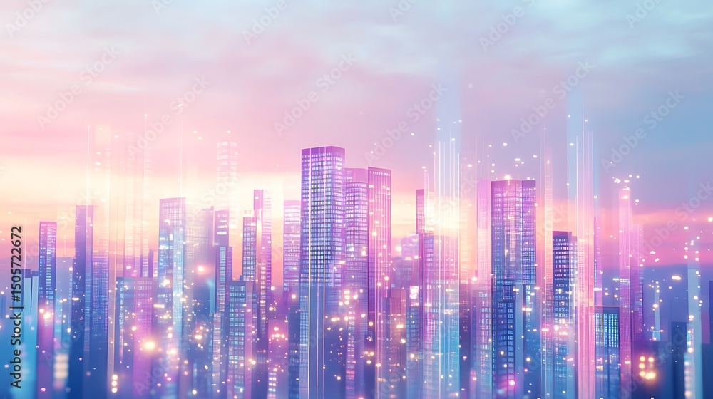 Fototapeta premium A glowing city with transparent buildings