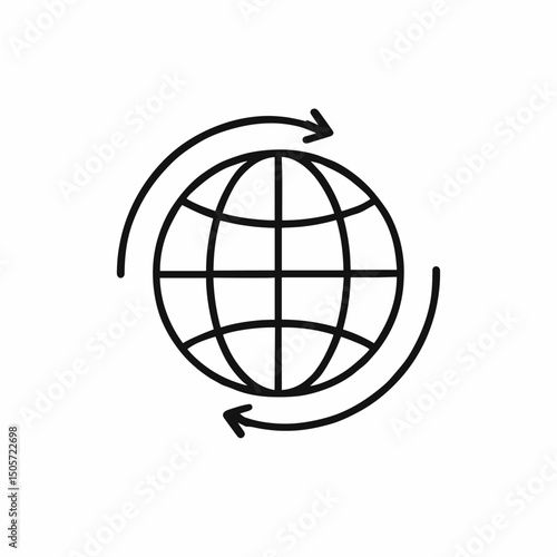 Minimalist icon of rotating globe with circular arrows, symbolizing global interaction, international exchange, worldwide connectivity, global communication flow
