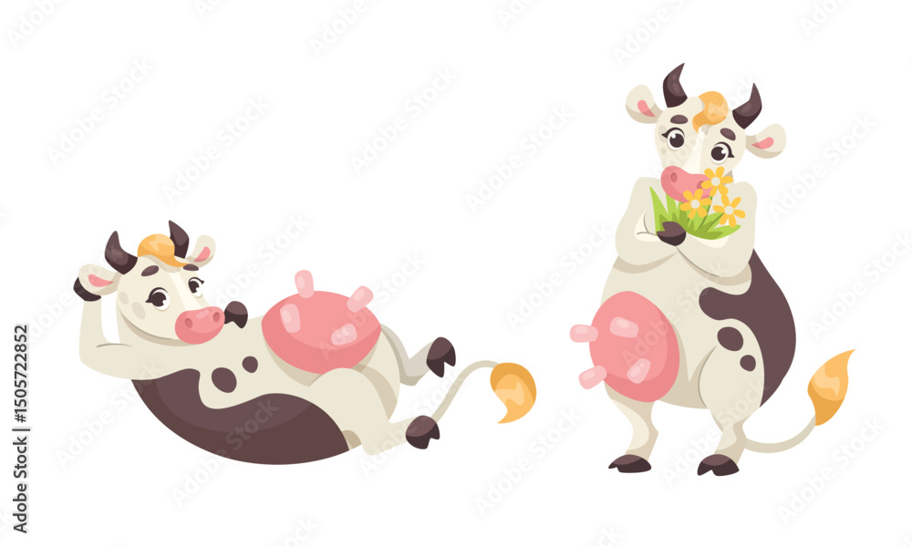 Obraz premium Adorable and Cute Cartoon Cows with Colorful Flowers in Playful and Cheerful Poses