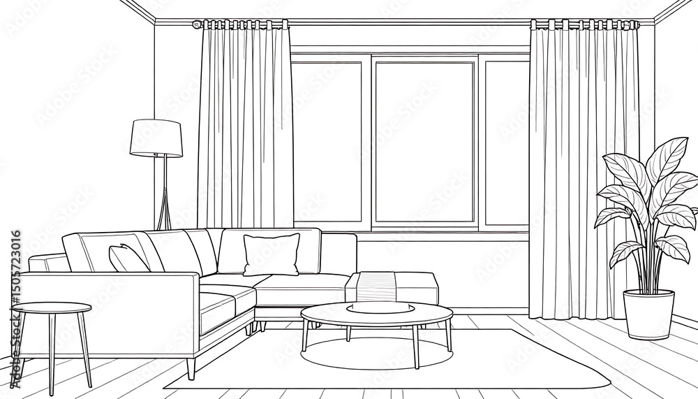 Fototapeta premium Interior with bedroom in outline style.