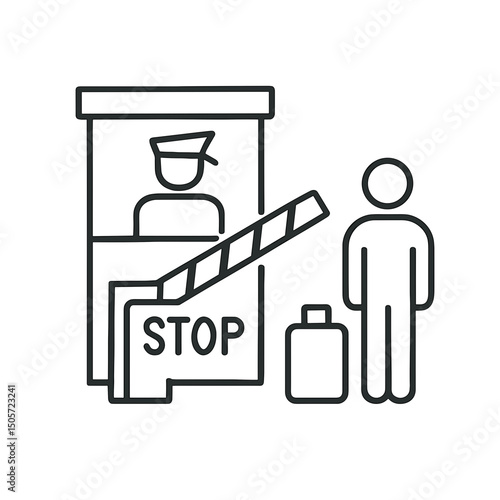 Minimal line illustration of customs border gate with officer, luggage and traveler at immigration checkpoint