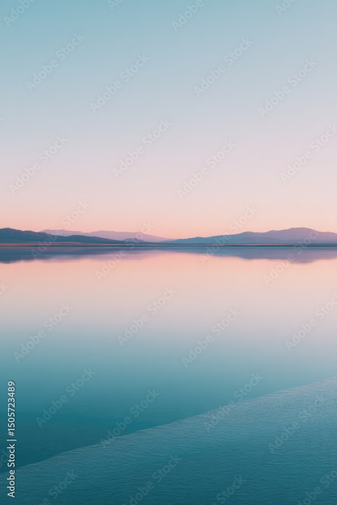 Fototapeta premium glassy lake reflects pastel sky at dawn light creating serene and minimalistic image with ample copy space