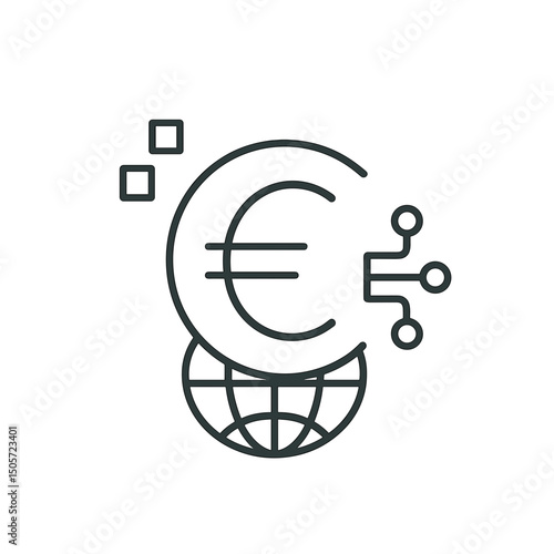 Euro digital currency icon with global network and technology integration