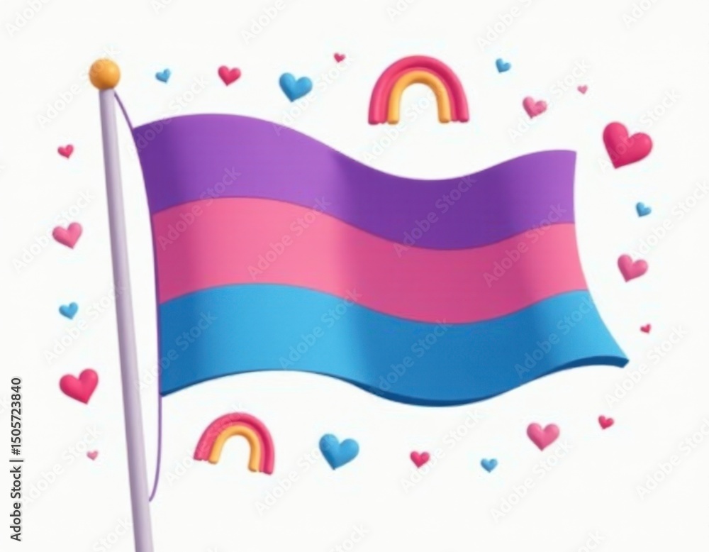 Fototapeta premium 3D Render of Bisexual Pride Flag with Hearts and Rainbows