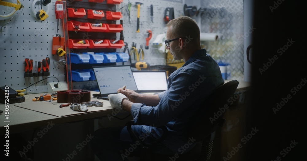 Craftsman Doing Handwork, Monitoring Real-Time Stocks, Exchange Market Charts on Laptop and Tablet Computer. Man Making Investments During Working Day in Workshop, Combining Work with Online Trading. Craftsman Doing Handwork, Monitoring Real-Time Stocks, Exchange Market Charts on Laptop and Tablet Computer. Man Making Investments During Working Day in Workshop, Combining Work with Online Trading.
