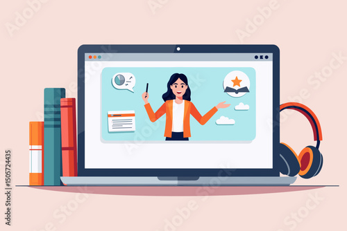 Online learning session with female teacher on laptop screen and books on desk