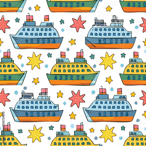 Cruise ship Vector Illustration with Seamless Pattern Design