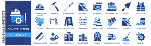 Construction and Building icon set. Containing design Construction Helmet, Hammer, Screwdriver, Brick Wall, Blueprint. Solid icon collection.