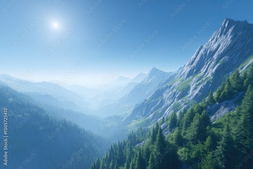stunning 3d illustration of mountain peaks with soft blue sky and misty horizon expansive and serene stunning 3d illustration of mountain peaks with soft blue sky and misty horizon expansive and serene