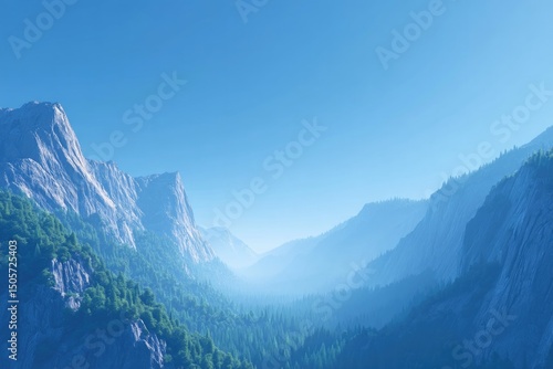stunning 3d illustration of mountain peaks with soft blue sky and misty horizon expansive and serene