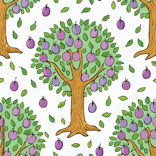 Plum Tree Vector Illustration with Seamless Pattern Design