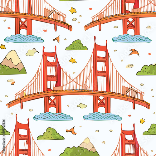 Golden Gate Bridge, San Francisco, USA Vector Illustration with Seamless Pattern Design