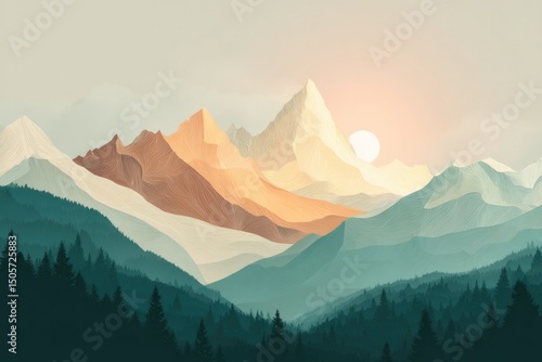 artistic representation of mountain landscape merging abstract shapes and harmonious colors creating visually captivating
