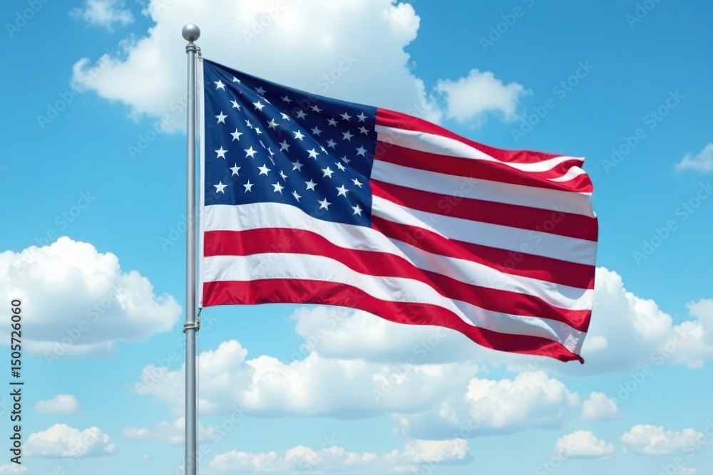 Fototapeta premium Cloudy sky behind an American flag blowing freely in the breeze with blue and white clouds visible on the horizon, wind, patriotic