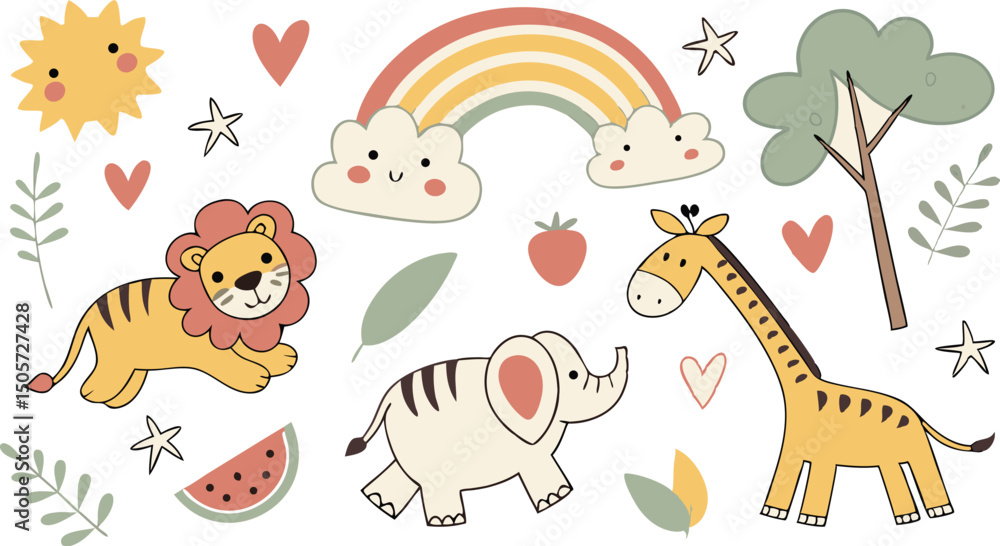 Naklejka premium cute hand drawn doodle vector set,a seamless vector doodle illustration in black and white. love, Natural , firework, cloud, weather, rainbow, snow, heart and creative design vector collection.