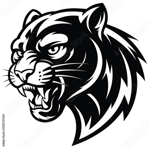 This image features a bold, black and white vector illustration of a snarling panther. 