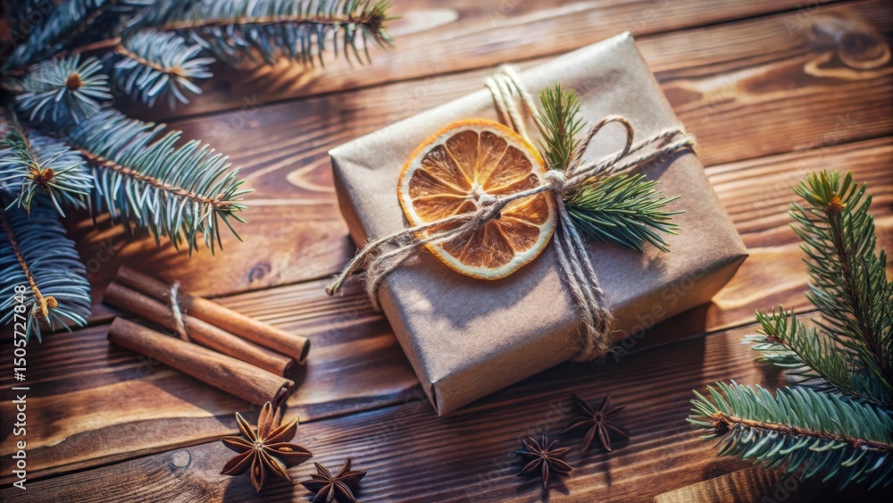 Obraz premium Rustic Christmas Gift Wrapped in Brown Paper Decorated with a Dried Orange Slice and Pine Sprigs on a Wooden Surface