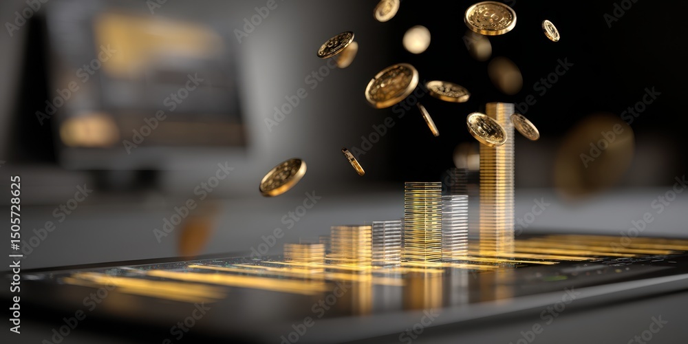 Fototapeta premium business growth expansion optimization. Digital coins floating above a cityscape on a laptop screen, symbolizing virtual finance.
