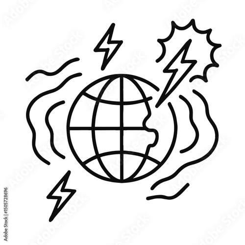 Line icon of global magnetic storm effects impacting Earth with solar flares and geomagnetic waves