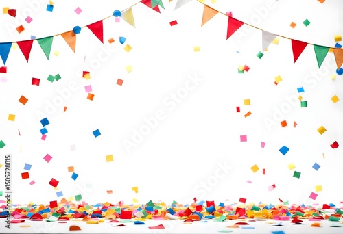Colorful celebration confetti falling with party bunting flags on white festive background high resolution photo