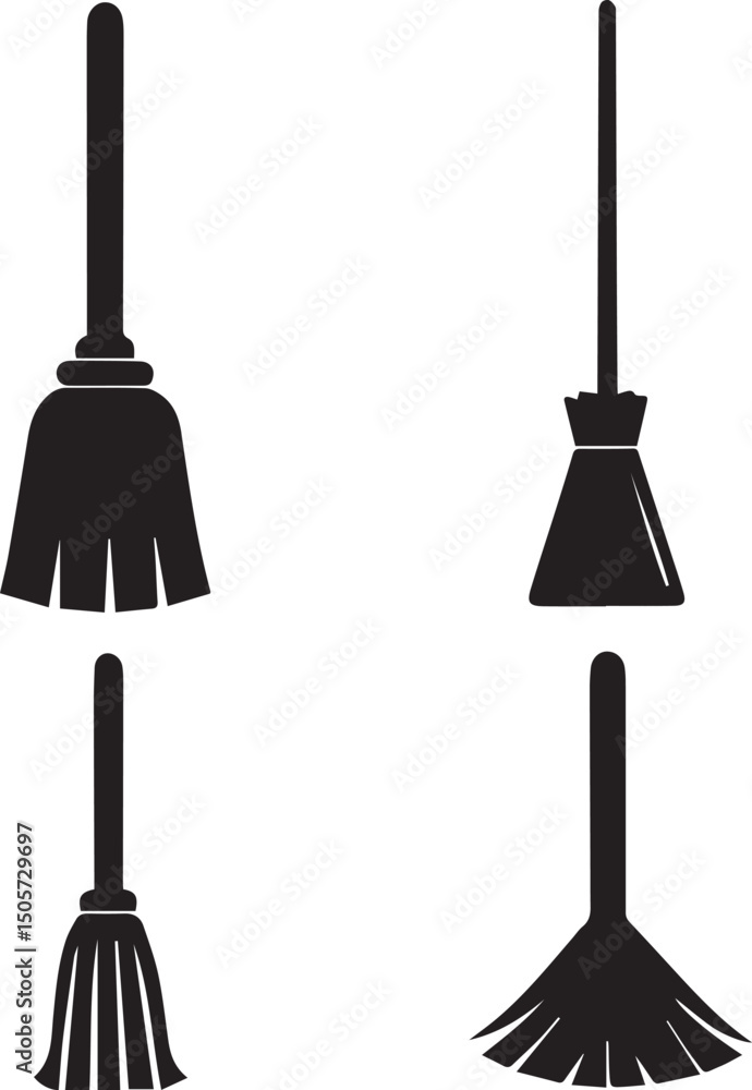 Naklejka premium cleaning broom logo design set, broom vector illustration set, broom silhouette vector isolated on white background
