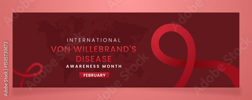 Von Willebrand's Disease awareness campaign banner with Red ribbon symbols on gradient pastel light Red background.