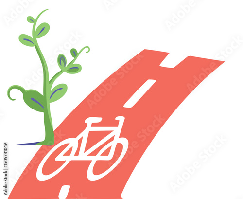 Bicycle lane with green plant sprouting from red road symbolizing environmental urban growth vector illustration 
