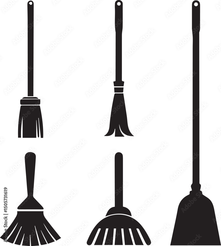Naklejka premium cleaning broom logo design set, broom vector illustration set, broom silhouette vector isolated on white background