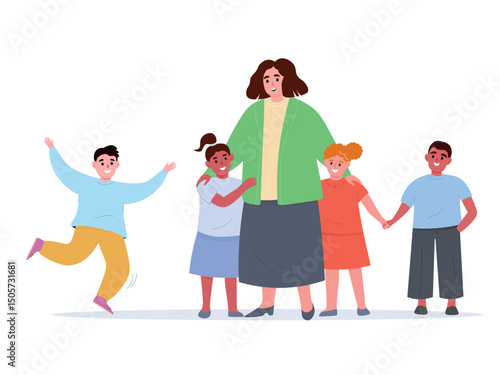 Woman educator with group of children together, taking care of them. Teacher near students. Vector flat graphics.