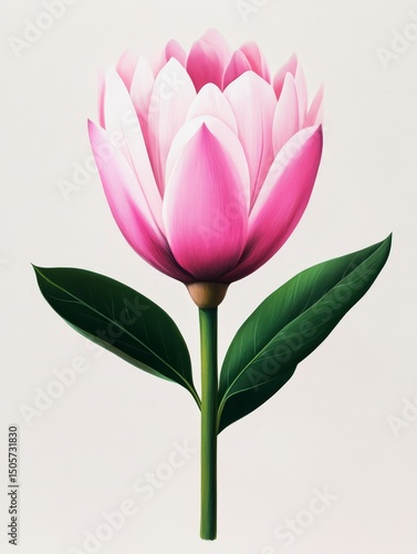 Wallpaper Mural Magnolia Bloom Illustration Botanical Art - Delicate pink magnolia flower, lush green leaves, elegant stem, symbolizes purity, beauty, springtime, resilience, and new beginnings Torontodigital.ca