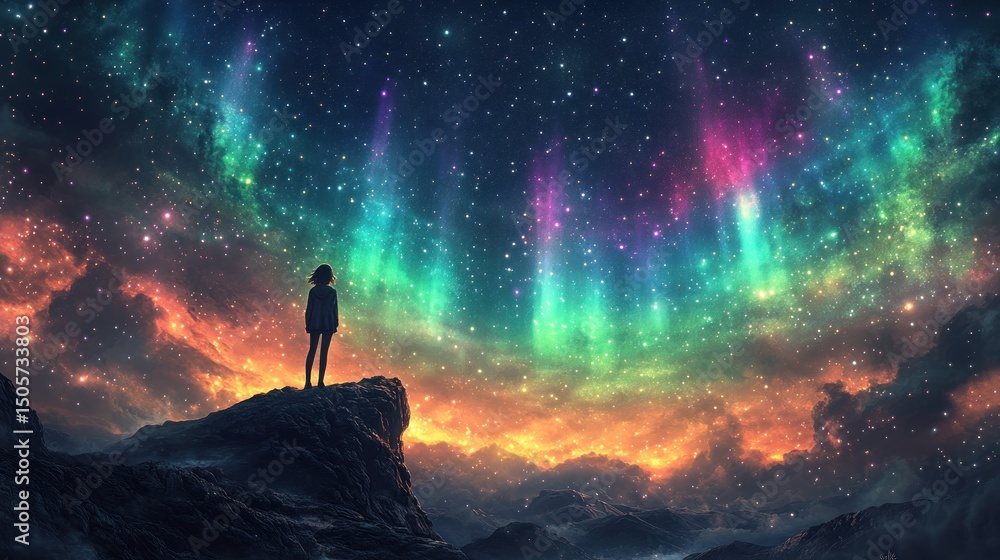 Fototapeta premium Girl gazes at cosmic aurora borealis, mountaintop, night