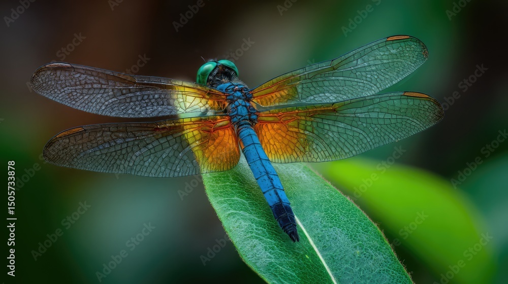 A vibrant dragonfly with iridescent blue and orange wings rests on a green leaf, surrounded by lush foliage in a close-up nature scene full of color and detail. A vibrant dragonfly with iridescent blue and orange wings rests on a green leaf, surrounded by lush foliage in a close-up nature scene full of color and detail.