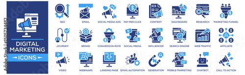 Digital Marketing and Analytics icon set. Containing design SEO, Email Marketing, Social Media Ads, Pay Per Click, Content Marketing. Solid icon collection.