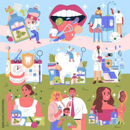 Illustrated Dental Care Routine with Happy Expressions