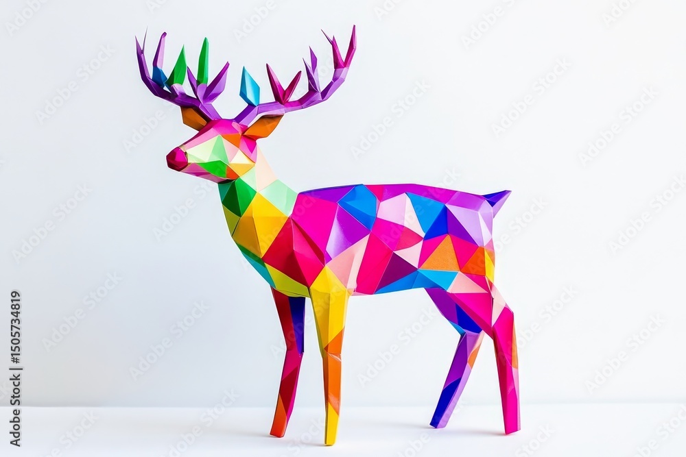 Obraz premium Origami Reindeer Paper Craft: A Colorful Geometric Design - A vibrant, geometric origami reindeer, symbolizing creativity, festive cheer, nature, artistry