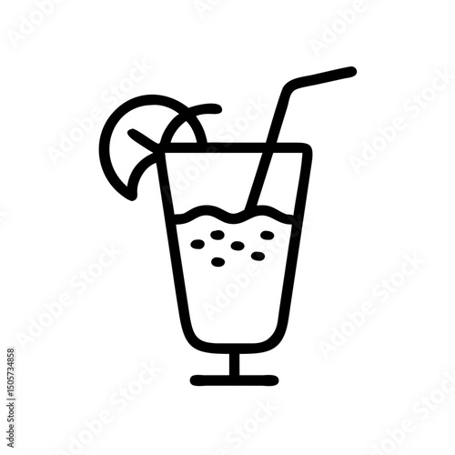 Outline of refreshing beverage in glass with lemon slice and straw  