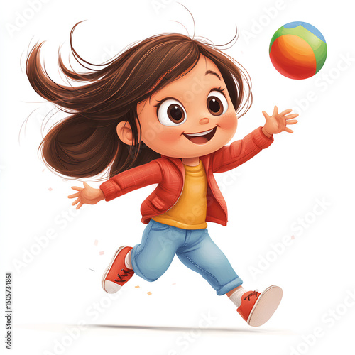 Happy Girl Playing with Colorful Ball in Digital Illustration