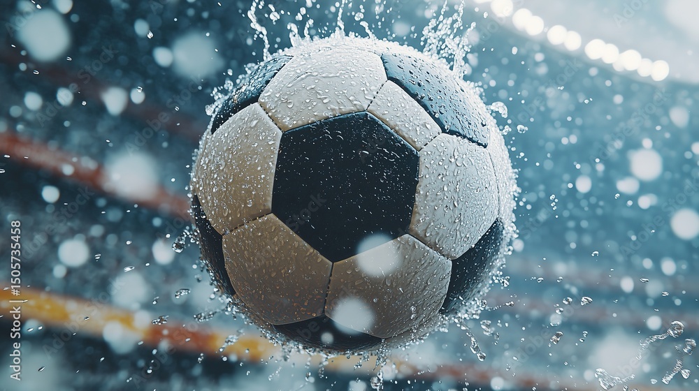 Fototapeta premium Soccer ball mid-kick with splashing water droplets, capturing dynamic energy and motion.