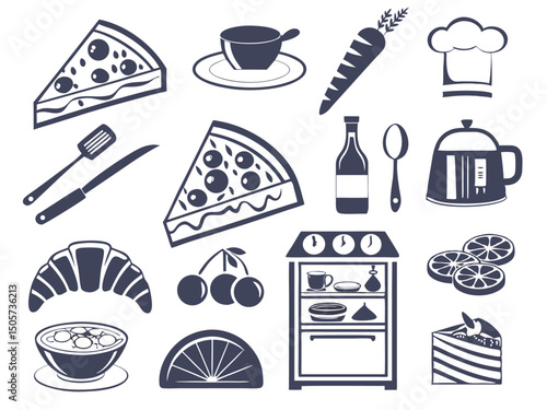 Flat Food Icon Collection – Dark Blue & White Style