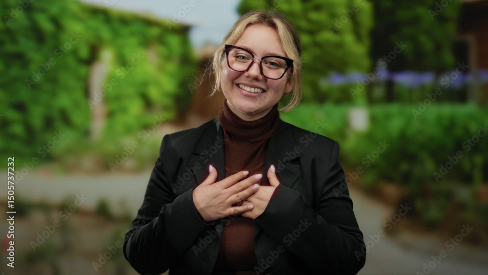 Woman smiling in outdoor park setting with greenery background wearing glasses and black jacket showcasing positivity and relaxation in a natural environment Woman smiling in outdoor park setting with greenery background wearing glasses and black jacket showcasing positivity and relaxation in a natural environment