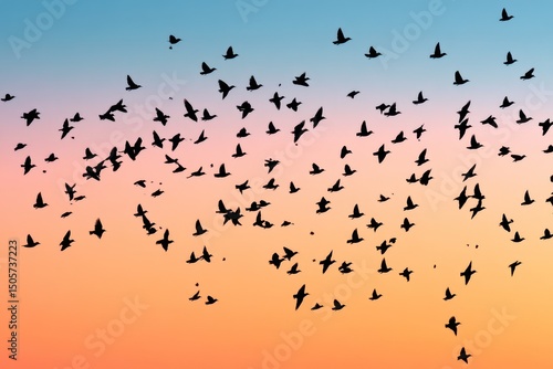 Silhouette of large flock of starlings flying