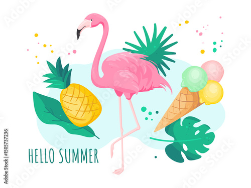 Hello Summer text with Flamingo, Tropical leaves, Pineapple, Ice Cream. Summer Holiday, Vacation.  Exotic vecyor collection for summer designs, beach party, t shirts, stickers, scrapbooking, invitatio