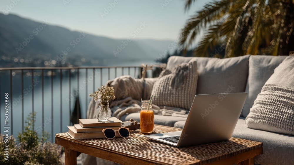 Fototapeta premium Modern remote work setup on a balcony: laptop, smoothie, sunglasses and mountain view, light travel concept