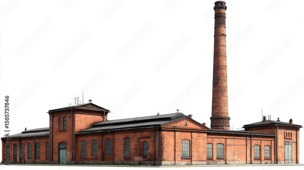 Fototapeta premium Old brick factory building with tall chimney, isolated on white background --chaos 20