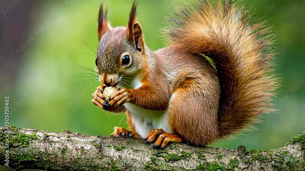 Adorable red squirrel perched on a mossy branch, enjoying a nut in lush green setting Adorable red squirrel perched on a mossy branch, enjoying a nut in lush green setting