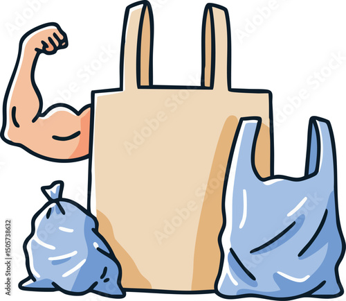 Reusable shopping bags with muscular arm symbolizing strength and eco-friendly lifestyle vector illustration 