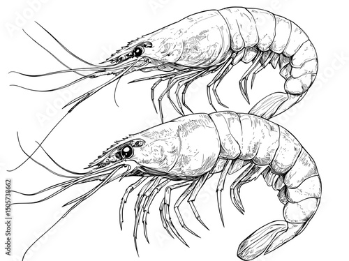 A modern black and white graphic illustration of shrimp presented in isolated sketch