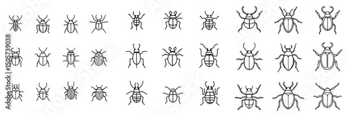 Isolated doodle-style contour drawings of beetles on white backgrounds make up this design component
